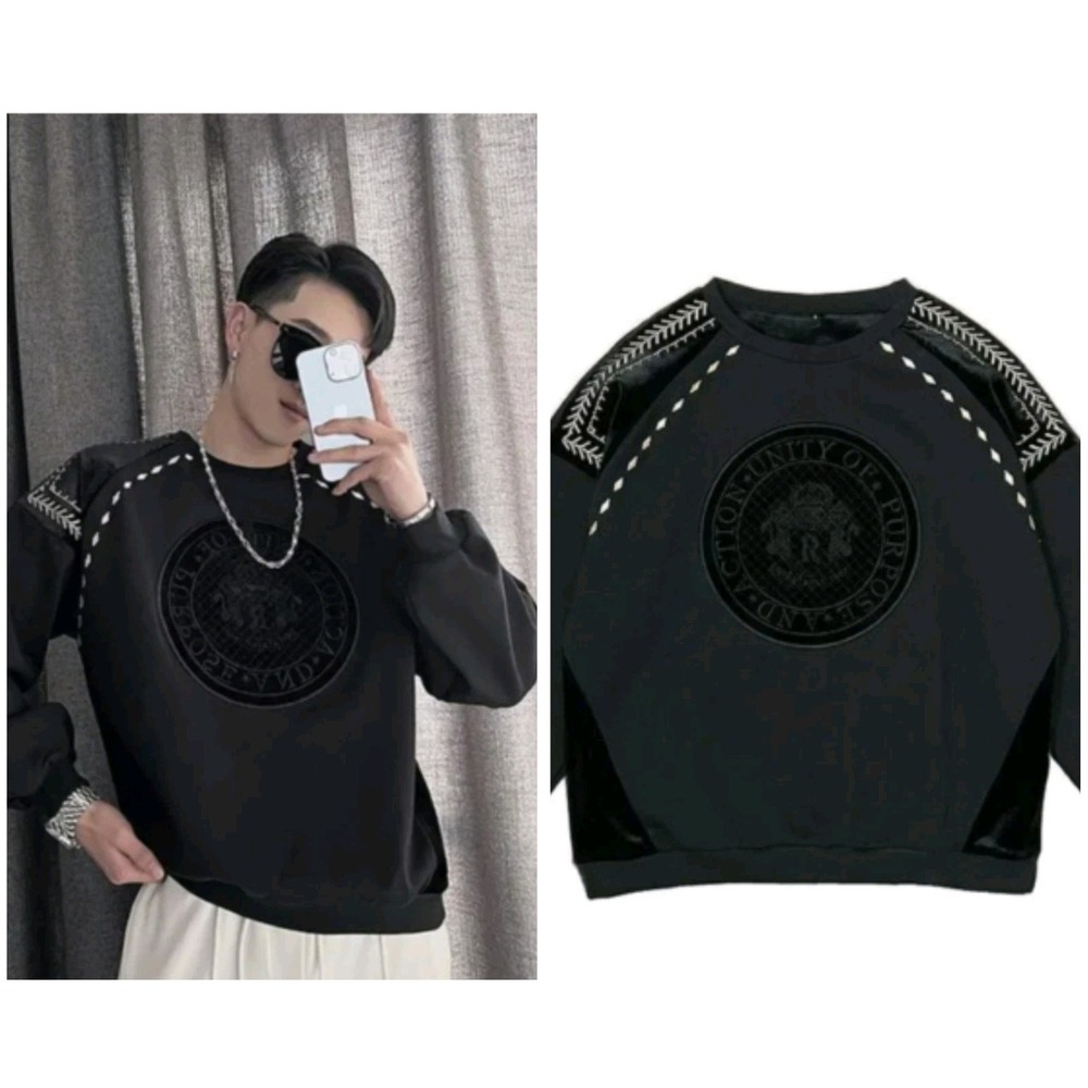 Made in Italy Black Crewneck Pullover Sweatshirt Mens M Velvet Trim Graphic Cres
